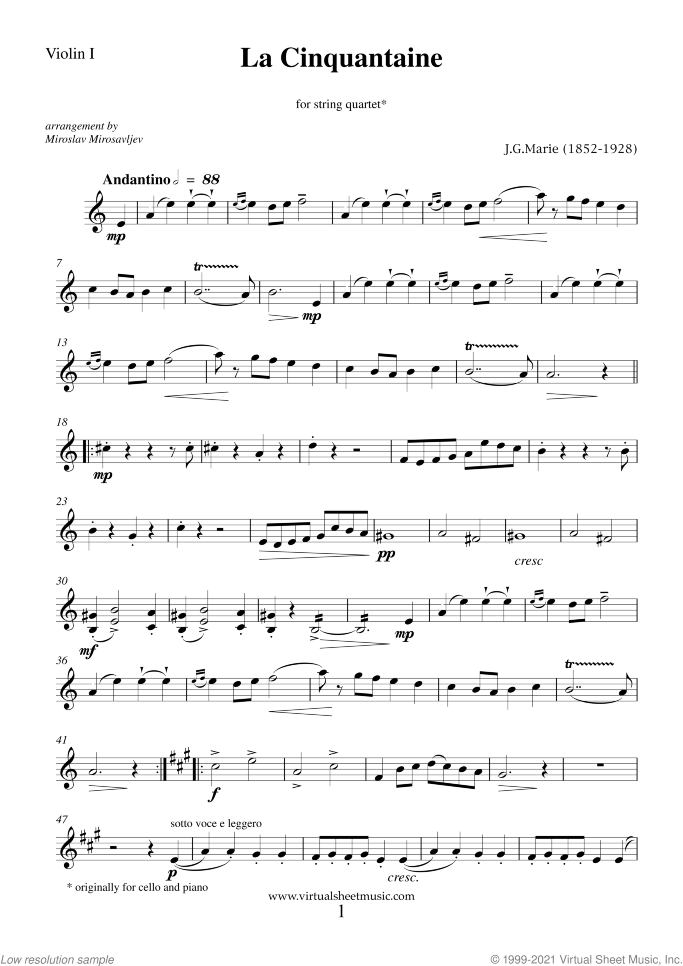 La Cinquantaine (parts) sheet music for string quartet by Jean Gabriel Marie, classical wedding score, easy/intermediate skill level
