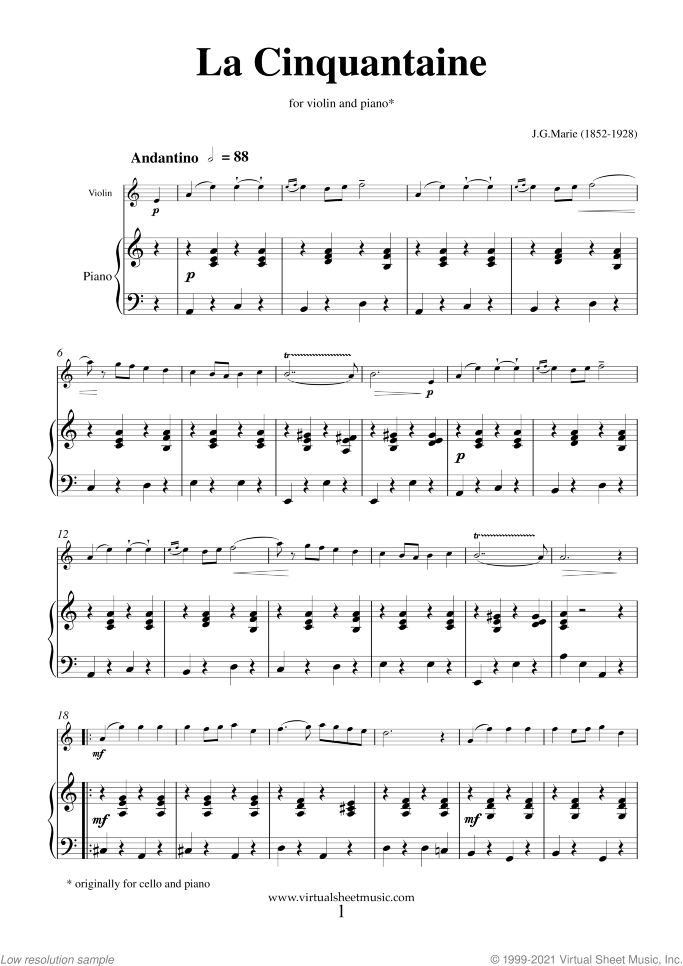 La Cinquantaine sheet music for violin and piano by Jean Gabriel Marie, classical wedding score, easy/intermediate skill level