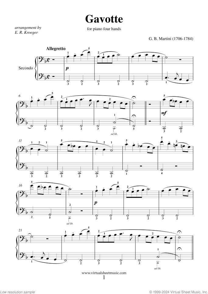 Gavotte sheet music for piano four hands by Gian Battista Martini, classical score, intermediate skill level