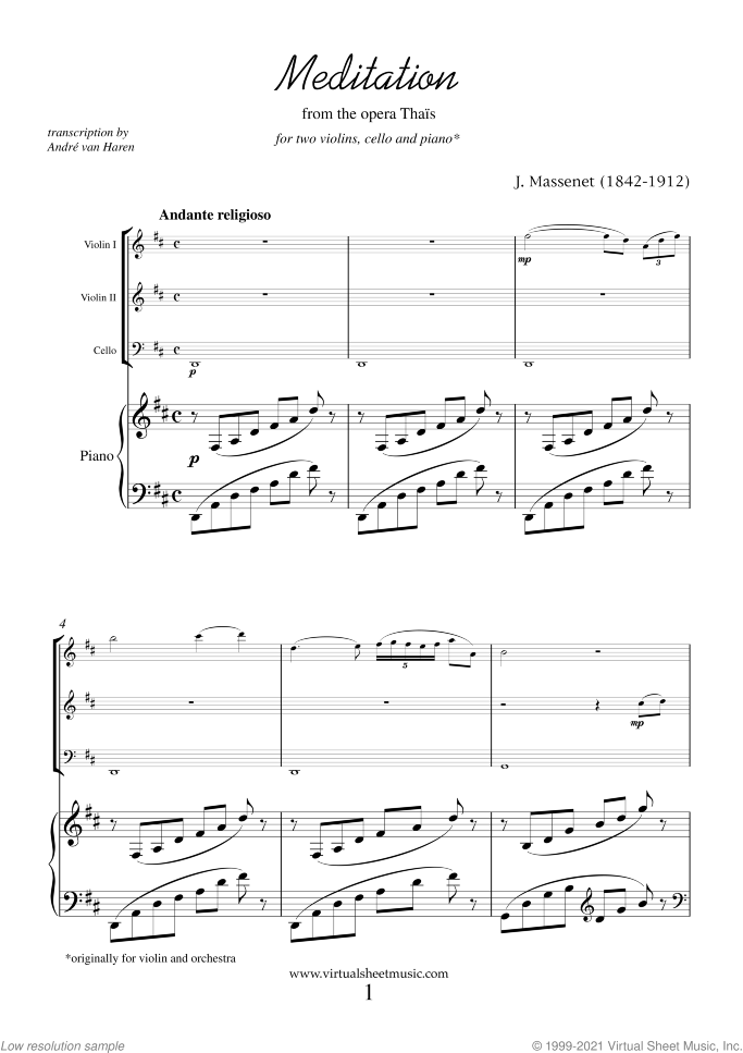 Meditation from Thais sheet music for two violins, cello and piano by Jules Massenet, classical wedding score, intermediate/advanced skill level