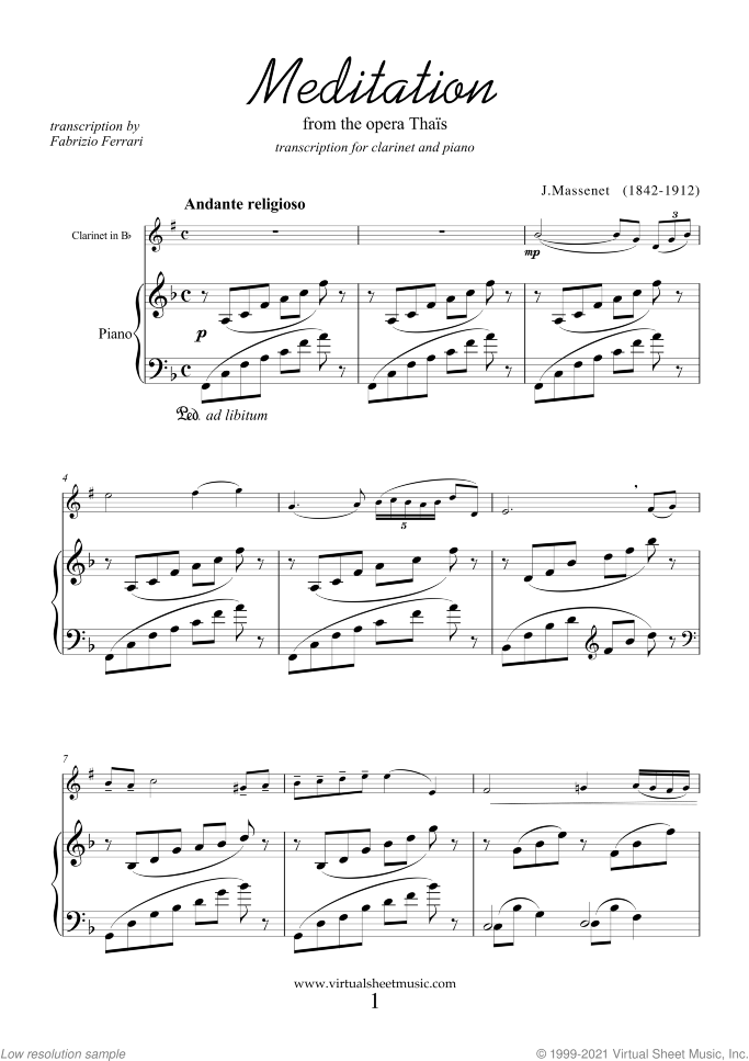Meditation from Thais sheet music for clarinet and piano by Jules Massenet, classical wedding score, intermediate/advanced skill level