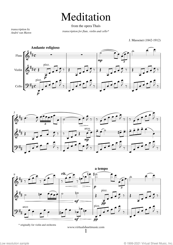 Meditation from Thais (f.score) sheet music for flute, violin and cello by Jules Massenet, classical wedding score, intermediate/advanced skill level