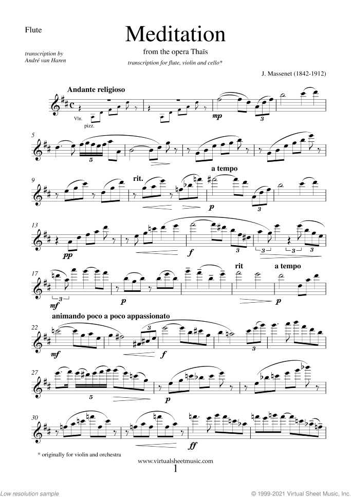 Meditation from Thais (parts) sheet music for flute, violin and cello by Jules Massenet, classical wedding score, intermediate/advanced skill level