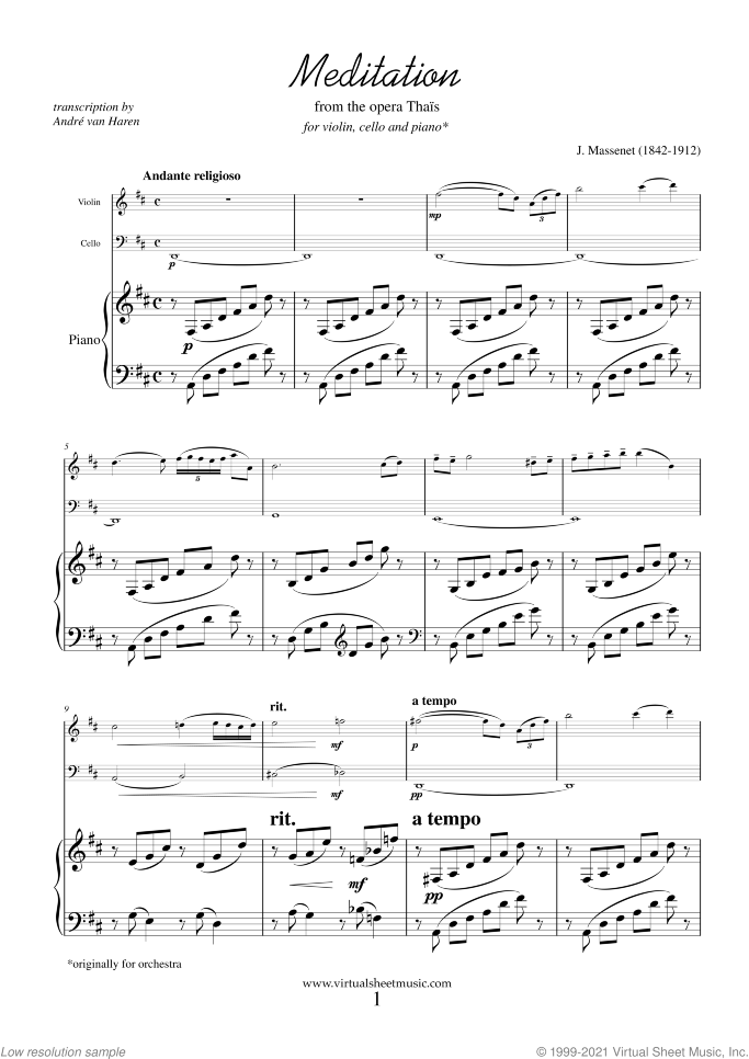 Meditation from Thais sheet music for violin, cello and piano by Jules Massenet, classical wedding score, intermediate skill level