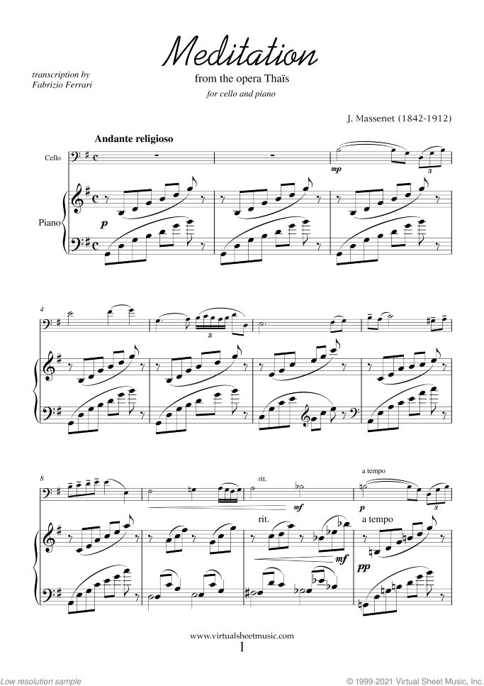 Meditation from Thais sheet music for cello and piano by Jules Massenet, classical wedding score, intermediate skill level