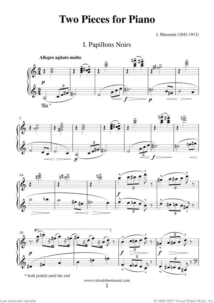Two Pieces for Piano (Papillons) sheet music for piano solo by Jules Massenet, classical score, intermediate skill level