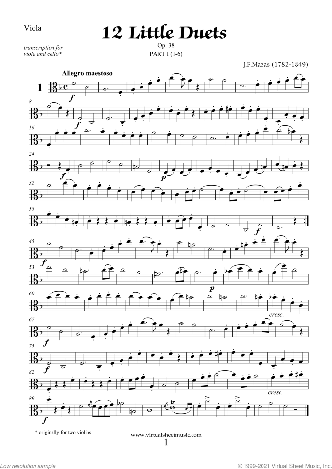 Little Duets Op.38 sheet music for viola and cello by Jaques Fereol Mazas, classical score, intermediate duet