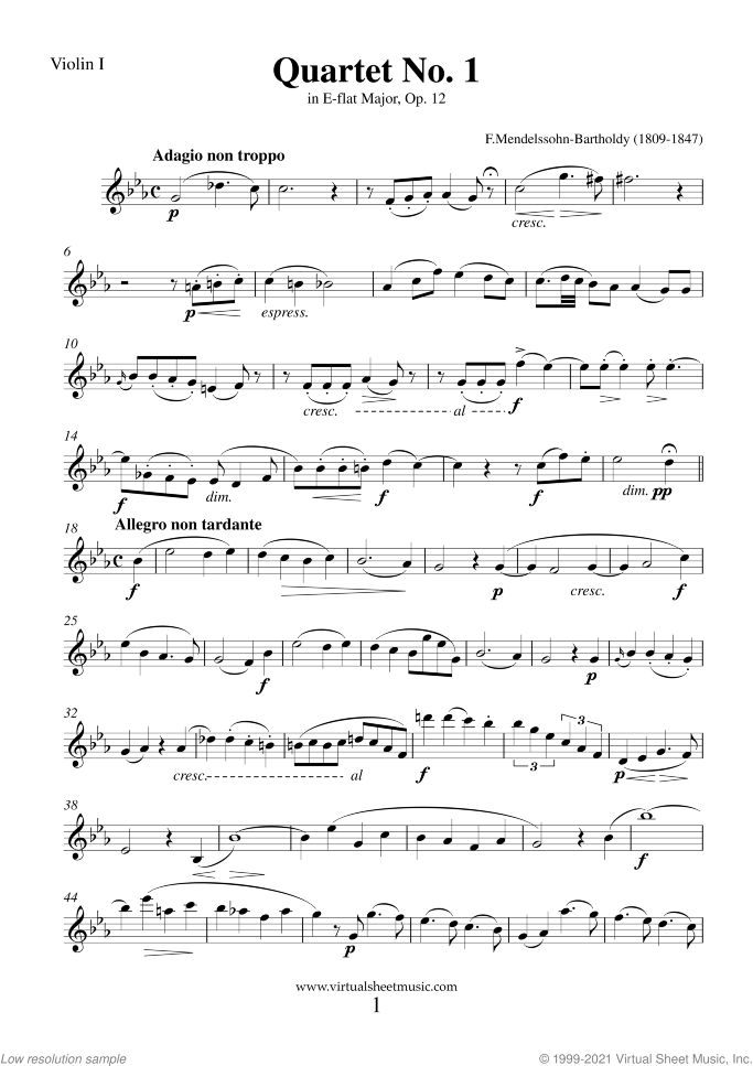Quartet No. 1 Op. 12 (parts) sheet music for string quartet by Felix Mendelssohn-Bartholdy, classical score, advanced skill level