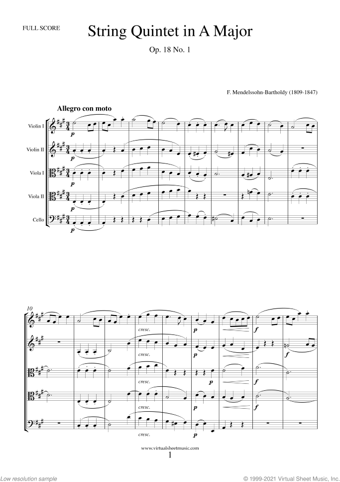 Quintet No. 1 Op. 18 in A major (f.score) sheet music for string quintet by Felix Mendelssohn-Bartholdy, classical score, intermediate skill level