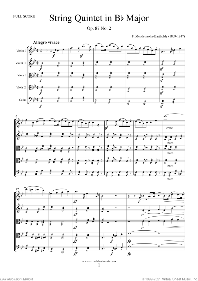 Quintet No. 2 Op. 87 in Bb major (f.score) sheet music for string quintet by Felix Mendelssohn-Bartholdy, classical score, intermediate/advanced skill level