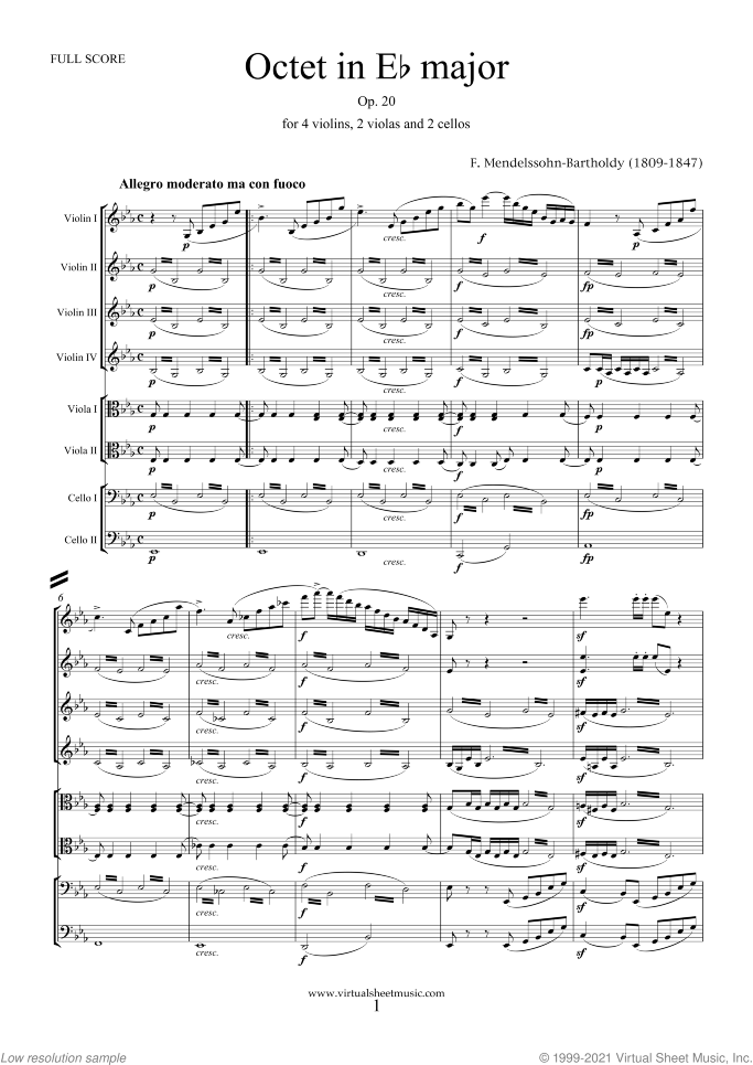 Octet in Eb major Op. 20 (f.score) sheet music for strings by Felix Mendelssohn-Bartholdy, classical score, intermediate/advanced skill level