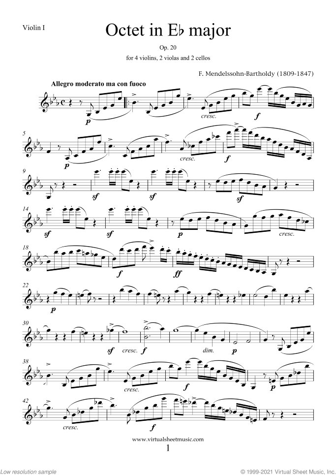 Octet in Eb major Op. 20 (parts) sheet music for strings by Felix Mendelssohn-Bartholdy, classical score, intermediate/advanced skill level