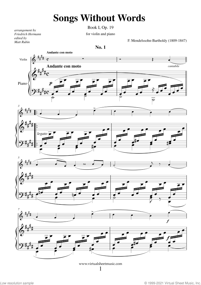 Songs Without Words Op. 19 sheet music for violin and piano by Felix Mendelssohn-Bartholdy, classical score, intermediate skill level