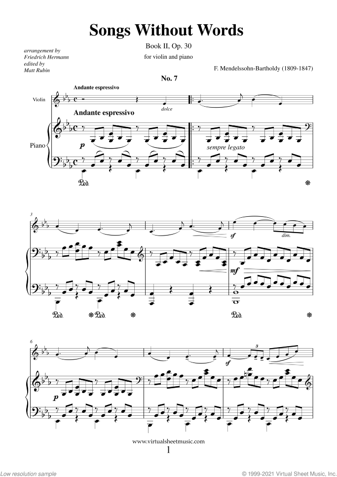 Songs Without Words Op. 19 sheet music for violin and piano by Felix Mendelssohn-Bartholdy, classical score, intermediate skill level