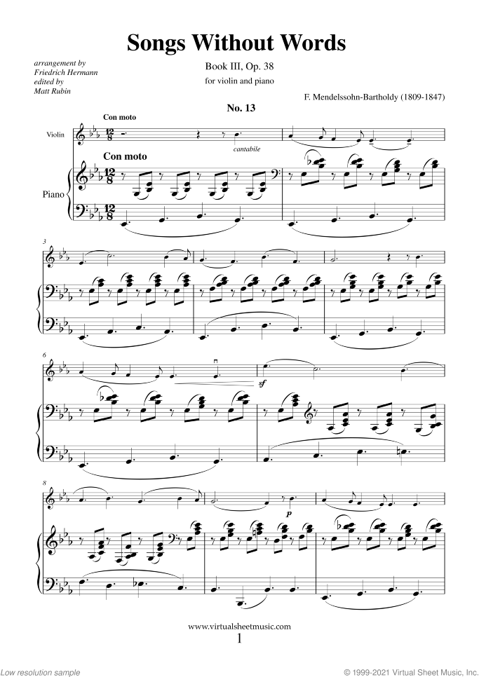 Songs Without Words Op. 38 sheet music for violin and piano by Felix Mendelssohn-Bartholdy, classical score, intermediate skill level