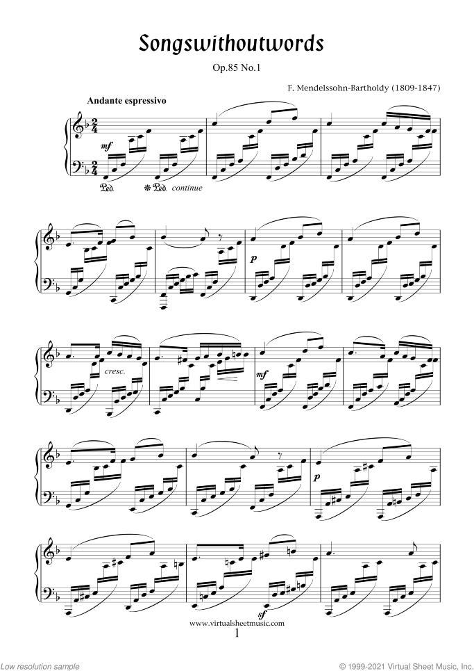 Songs Without Words - coll.4 sheet music for piano solo by Felix Mendelssohn-Bartholdy, classical score, intermediate skill level