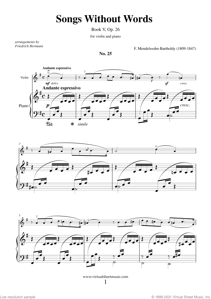 Songs Without Words Op. 26 sheet music for violin and piano by Felix Mendelssohn-Bartholdy, classical score, intermediate skill level