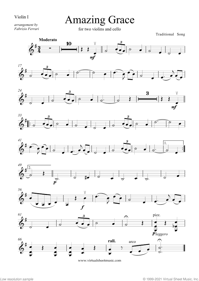 Amazing Grace sheet music for two violins and cello, easy/intermediate skill level