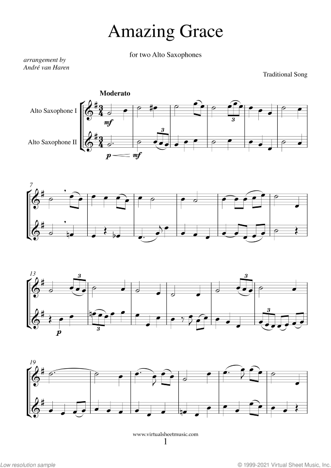 Amazing Grace (intermediate) sheet music for two alto saxophones, intermediate duet