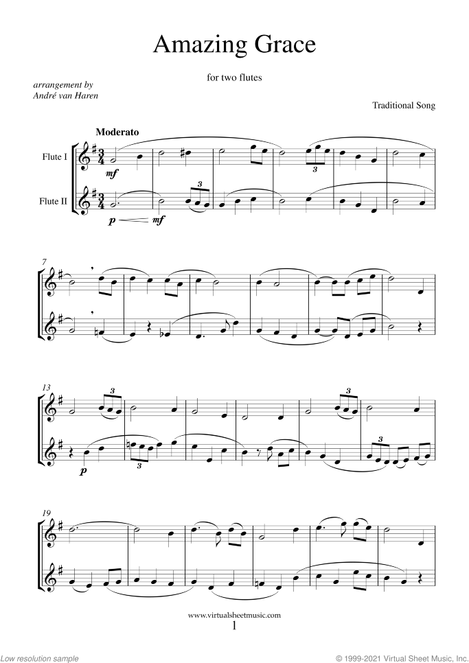 Amazing Grace (easy) sheet music for two flutes, easy duet