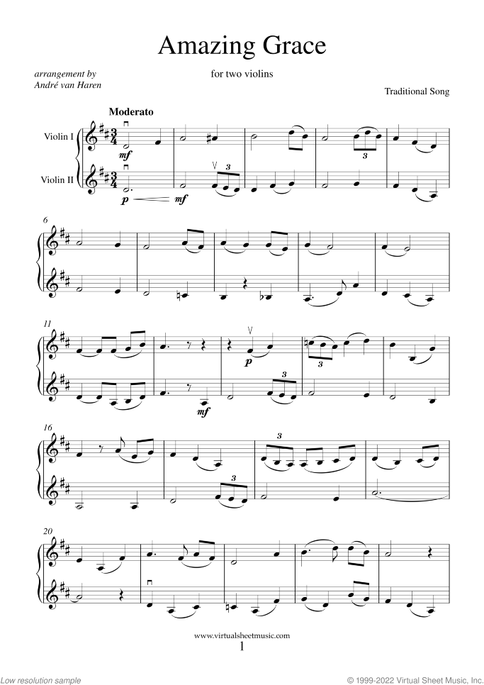 Amazing Grace sheet music for two violins, intermediate duet