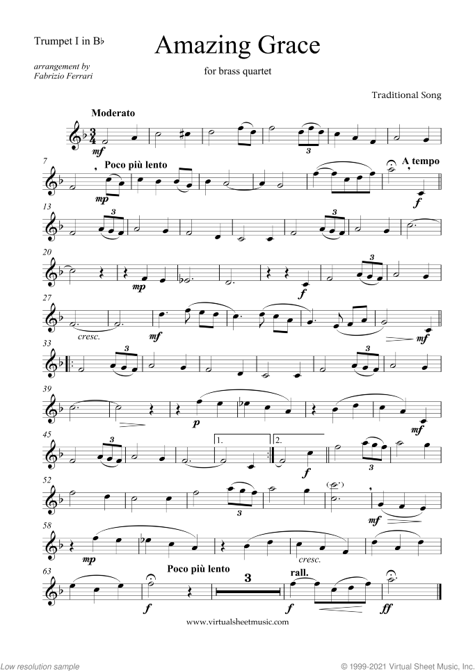 Amazing Grace (parts) sheet music for brass quartet, intermediate skill level