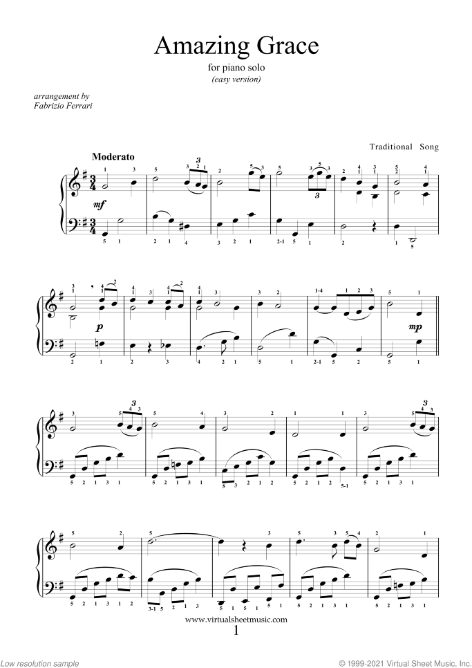 Amazing Grace (easy version) sheet music for piano solo, easy skill level