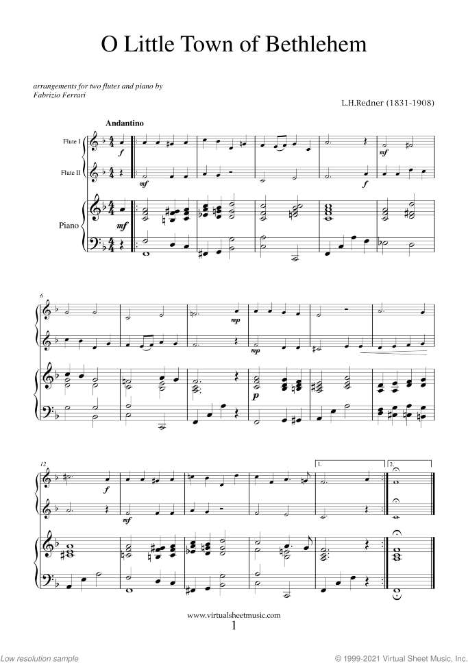 Christmas Sheet Music and Carols for two flutes and piano, easy/intermediate duet