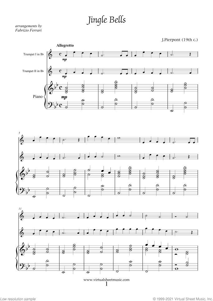 Christmas Sheet Music and Carols for two trumpets and piano, easy/intermediate duet