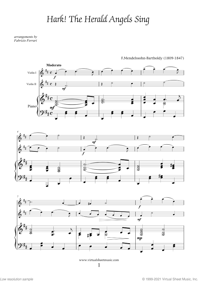 Christmas Sheet Music and Carols for two violins and piano, easy duet