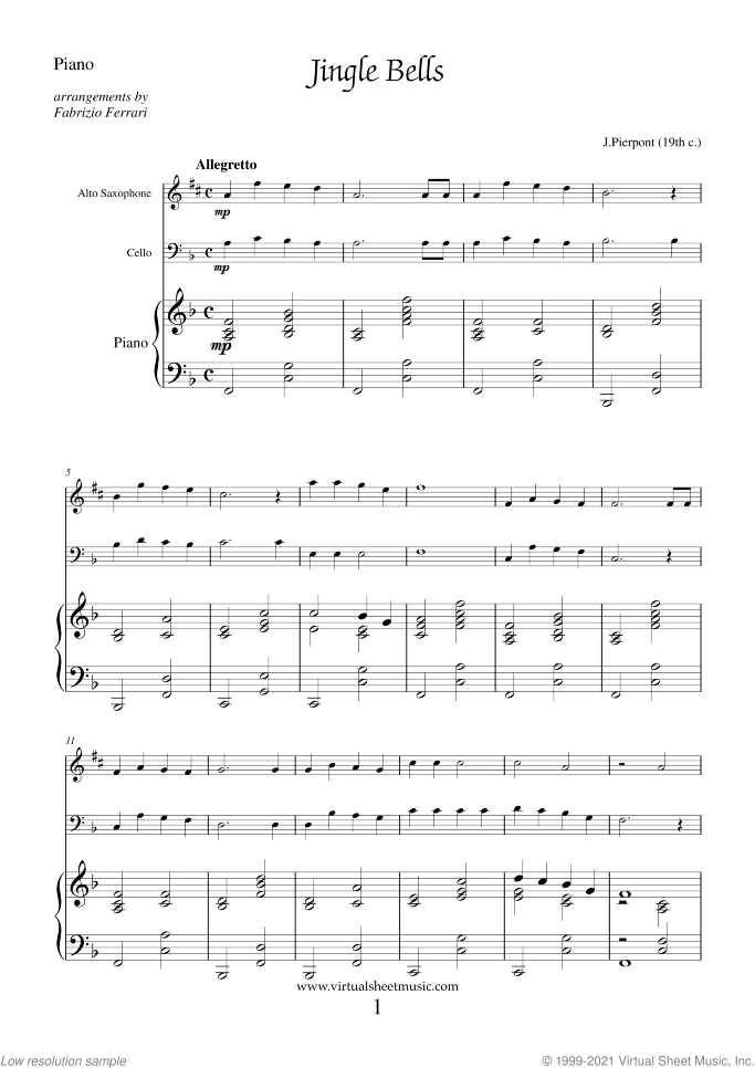 Christmas Sheet Music and Carols for alto saxophone, cello and piano, easy/intermediate skill level