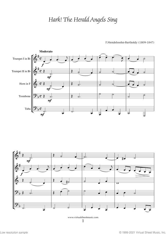 Christmas Sheet Music and Carols for brass quintet, easy/intermediate skill level
