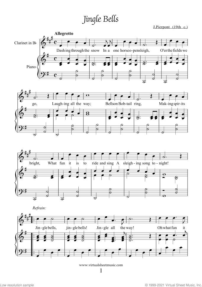 Christmas Sheet Music and Carols for clarinet and piano, easy skill level