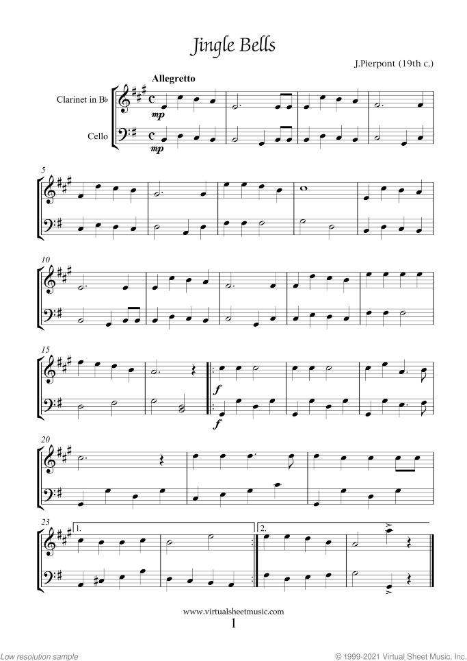 Christmas Sheet Music and Carols for clarinet and cello, easy/intermediate duet