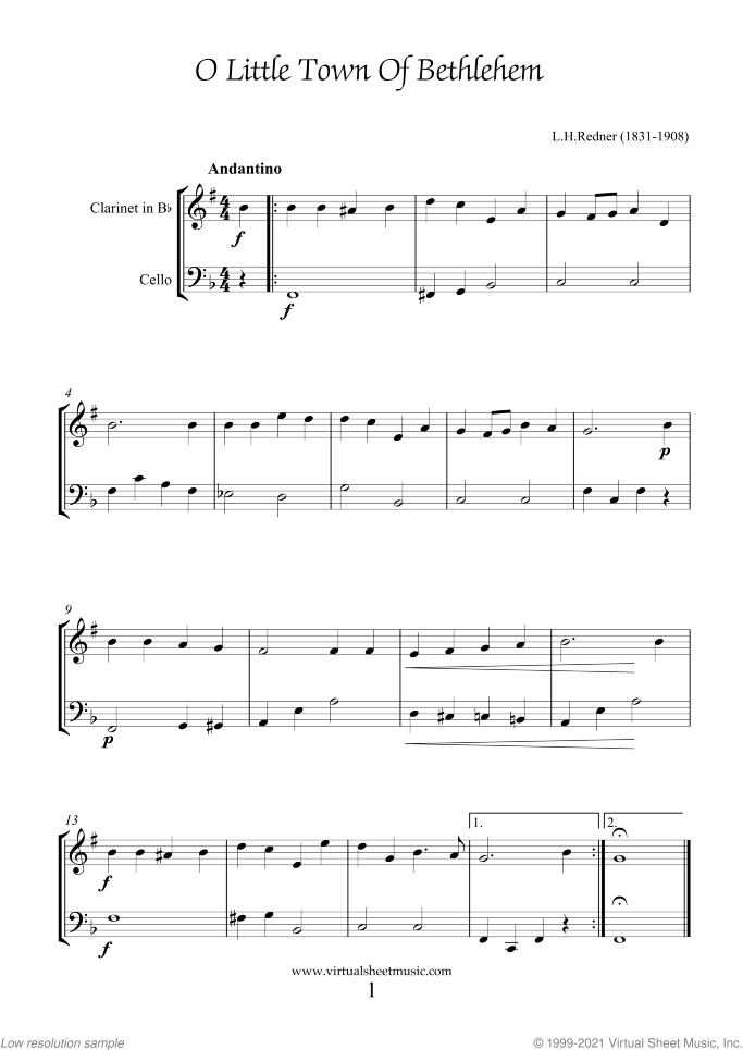 Christmas Sheet Music and Carols for clarinet and cello, easy/intermediate duet