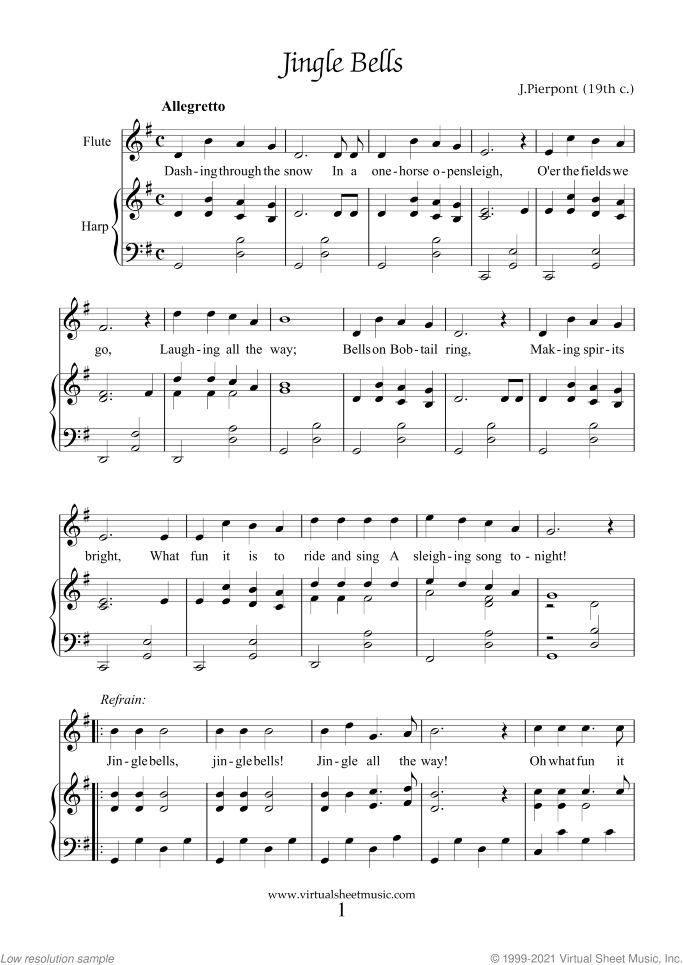 Christmas Sheet Music and Carols for flute and harp, easy duet