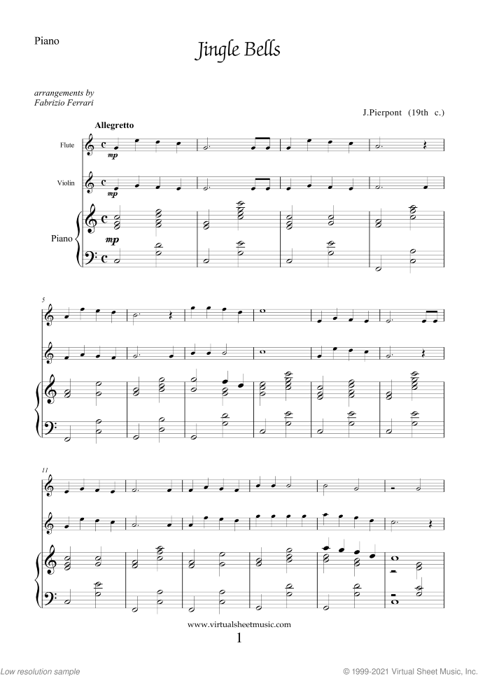Christmas Sheet Music and Carols for flute, violin and piano, easy skill level