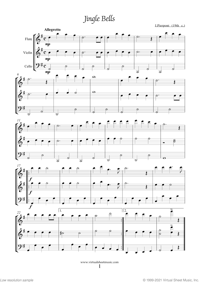 Christmas Sheet Music and Carols for flute, violin and cello, easy skill level