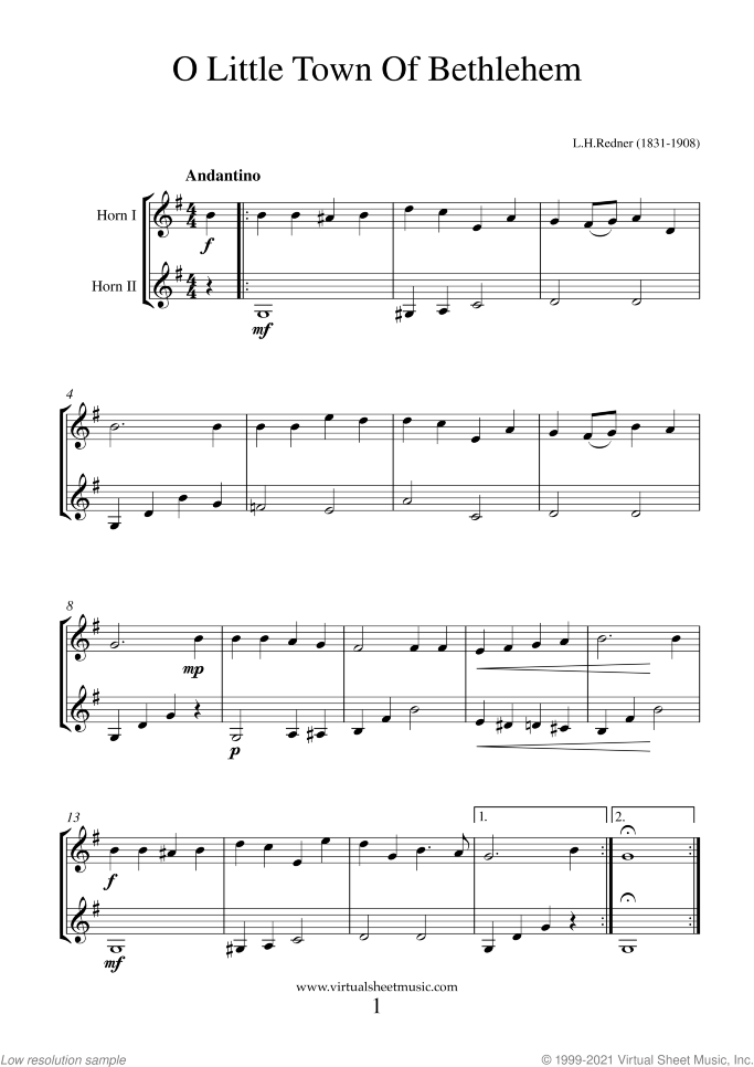 Christmas Sheet Music and Carols for two horns, easy/intermediate duet