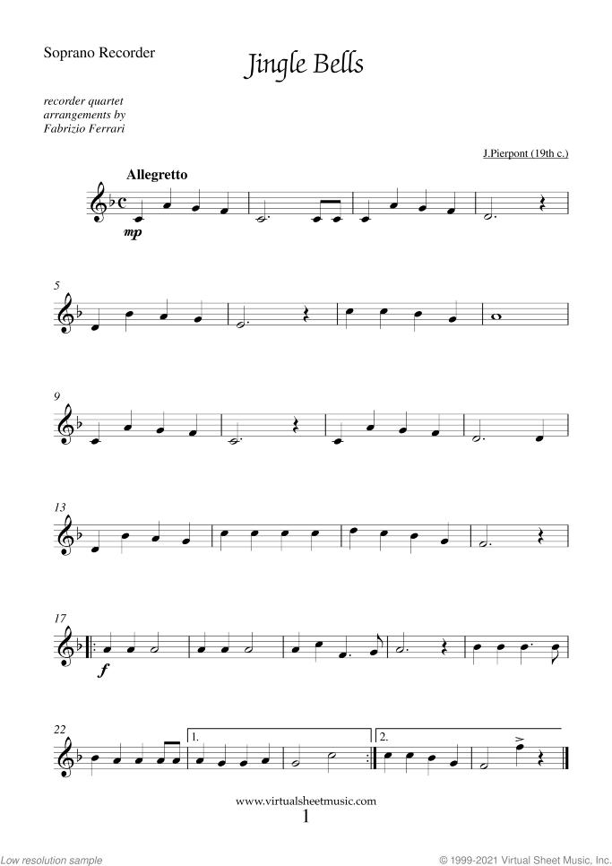 Christmas Sheet Music and Carols for recorder quartet, easy skill level