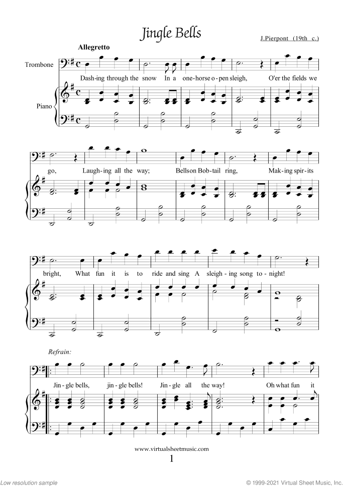 Christmas Sheet Music and Carols for trombone and piano, easy skill level