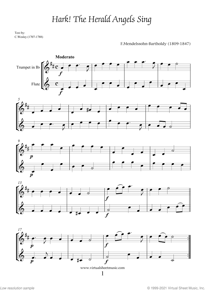 Christmas Sheet Music and Carols for trumpet and flute, easy/intermediate duet