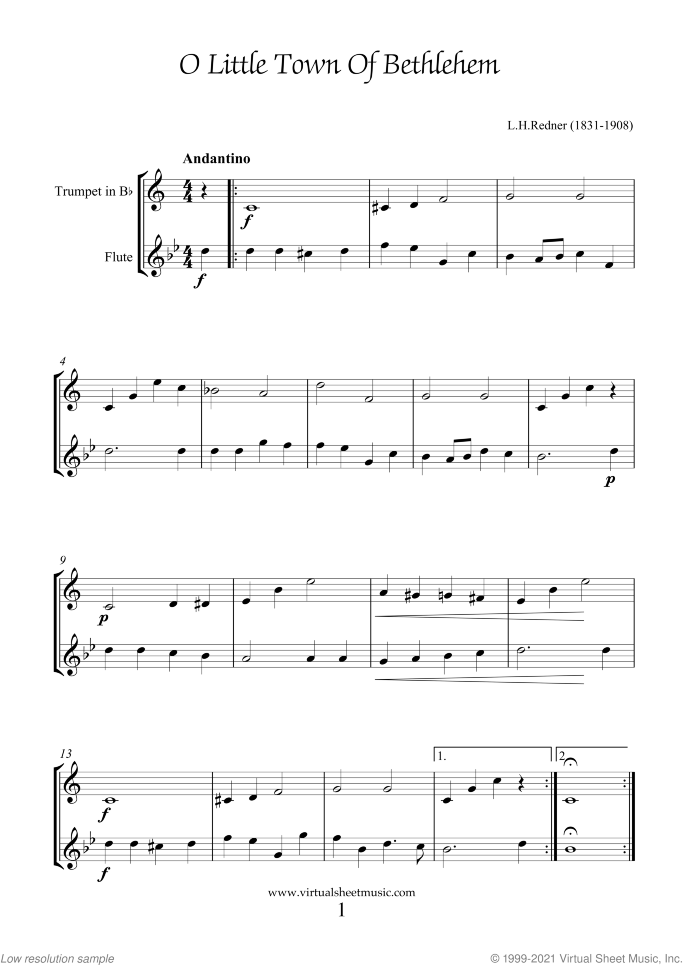 Christmas Sheet Music and Carols for trumpet and flute, easy/intermediate duet