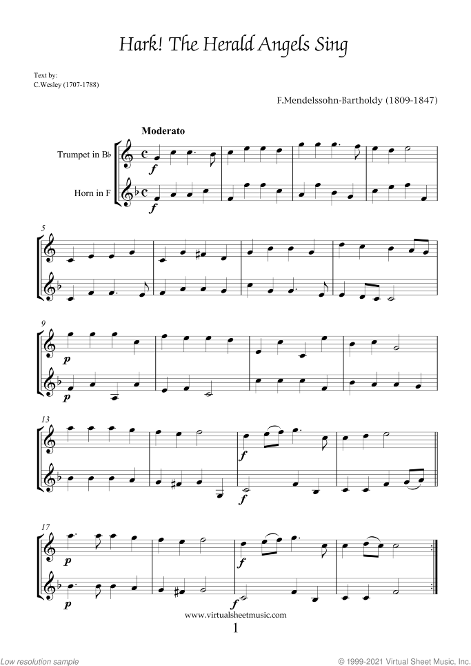 Christmas Sheet Music and Carols for trumpet and horn, easy/intermediate duet