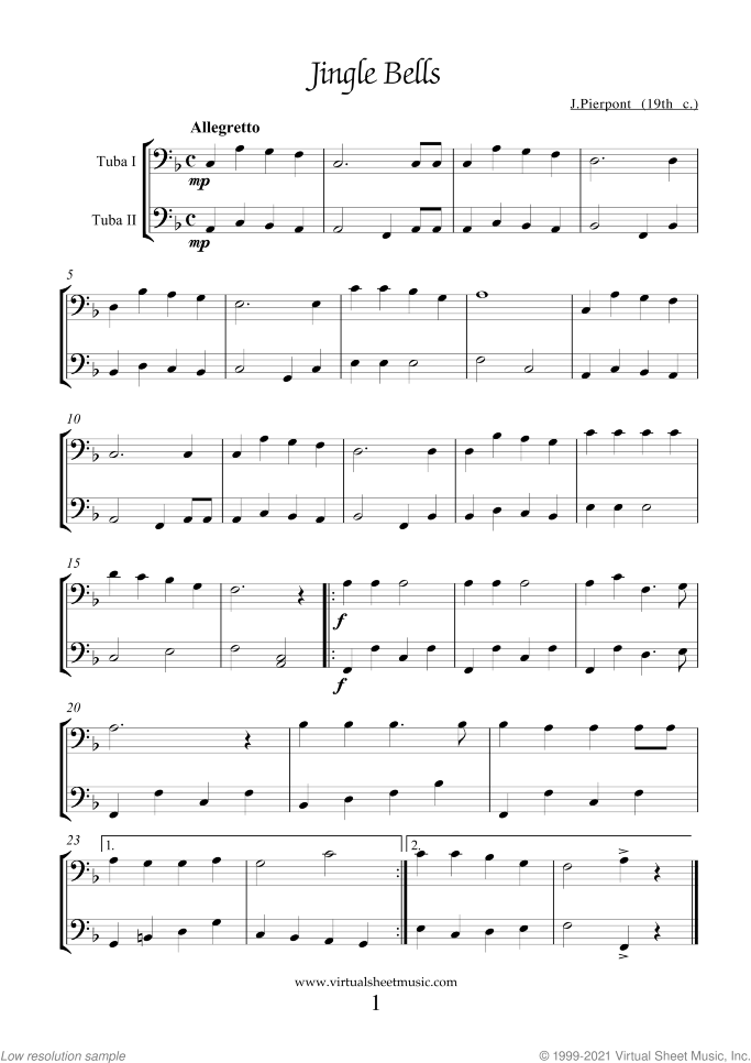Christmas Sheet Music and Carols for two tubas, easy duet