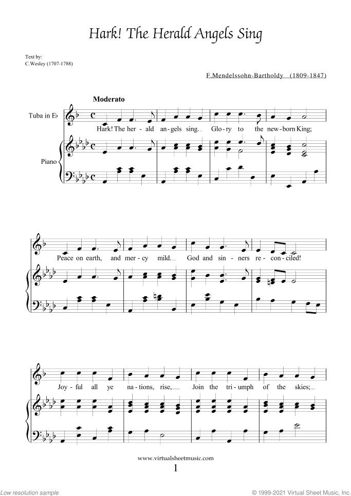 Christmas Sheet Music and Carols for tuba in Eb and piano, easy skill level