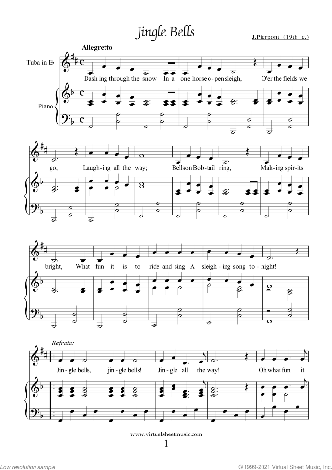 Christmas Sheet Music and Carols for tuba in Eb and piano, easy skill level