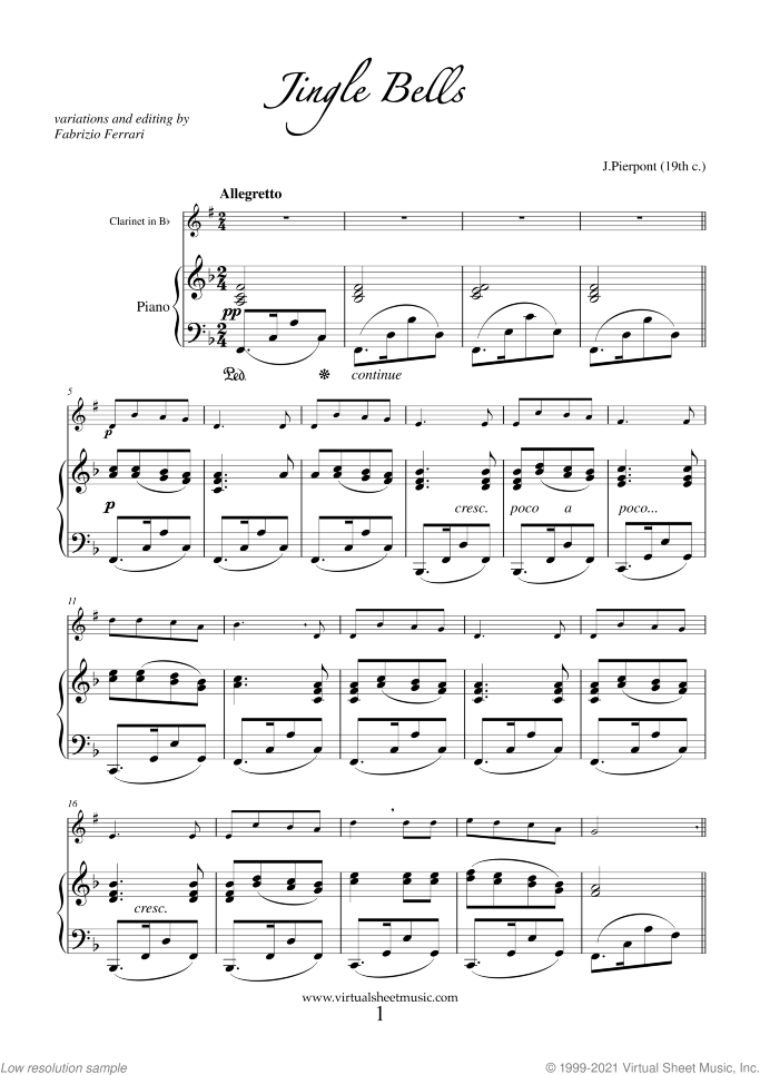Christmas Variations (Advanced Christmas Carols) sheet music for clarinet and piano, Christmas carol score, advanced skill level