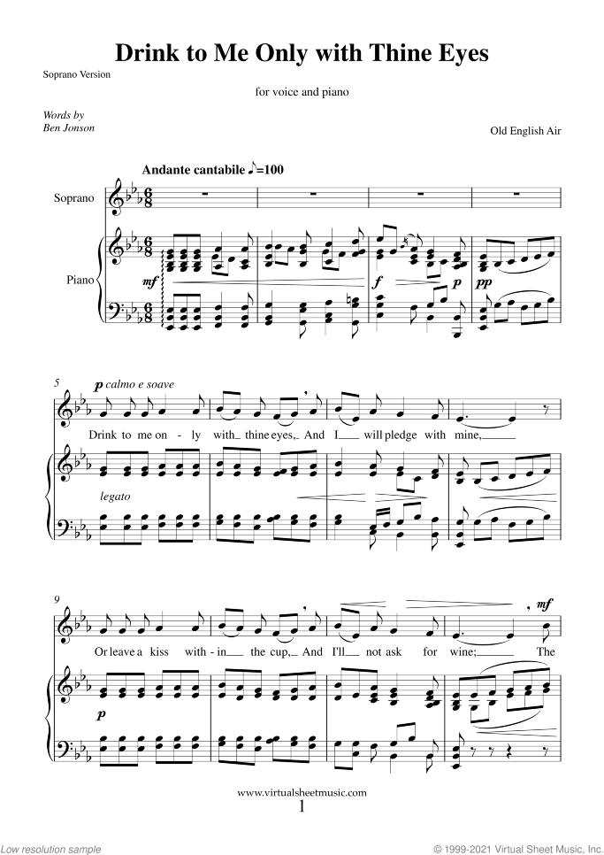 Drink to Me Only with Thine Eyes sheet music for voice and piano, intermediate skill level