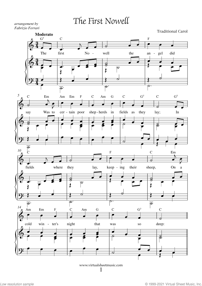 The First Nowell sheet music for piano, voice or other instruments, easy skill level